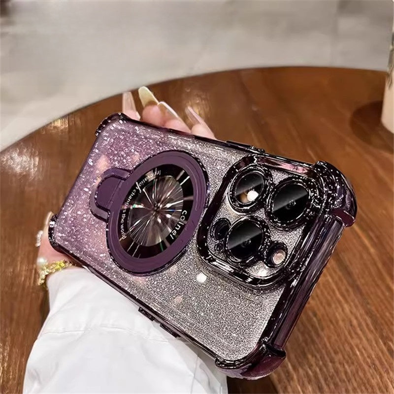 Four-Corner Airbag Phone Case with Magnetic Stand and Glitter Design