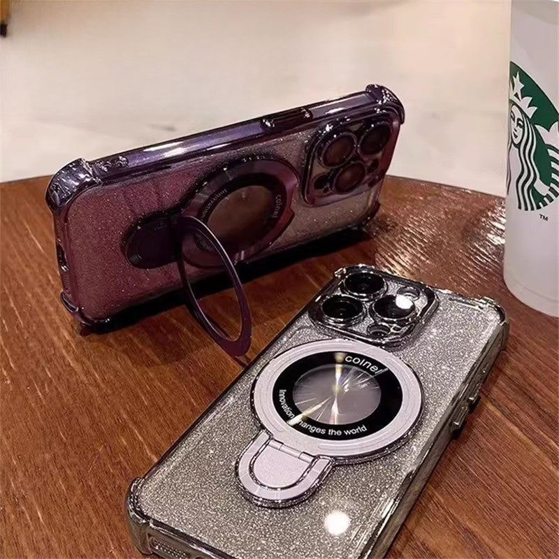 Four-Corner Airbag Phone Case with Magnetic Stand and Glitter Design